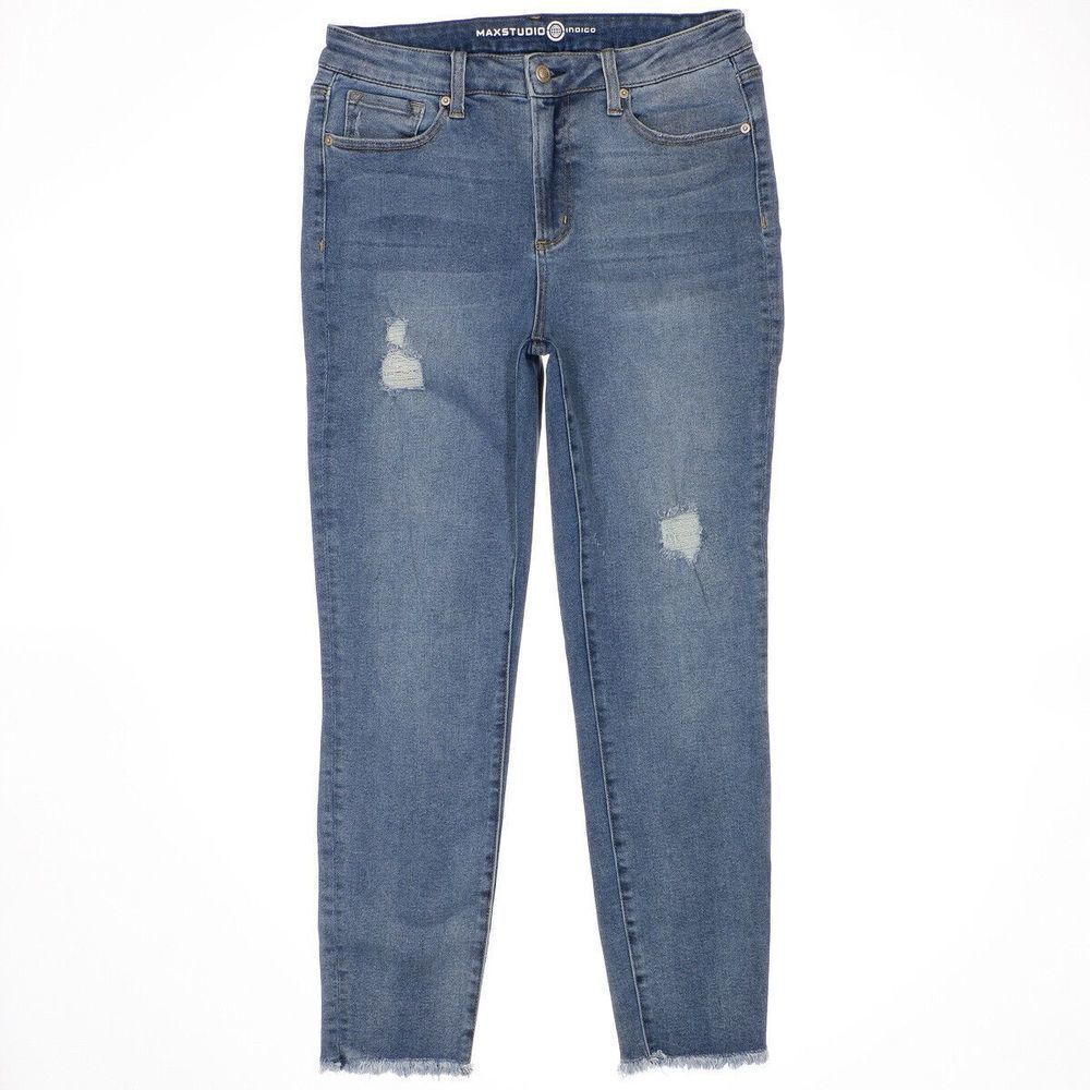 Max Studio High Rise Skinny Jeans Size 14 Womens Distressed Blue Stretch 33 x 28